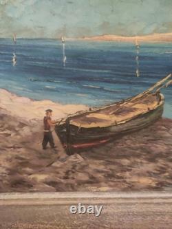 Grand tableau ancien huile sur toile FR LENDAL marine avec personnage