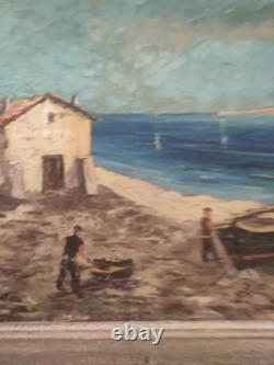 Grand tableau ancien huile sur toile FR LENDAL marine avec personnage