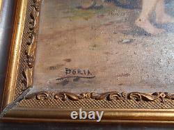 Grand tableau ancien huile / toile enfants puit fontaine signé Doria cadre doré