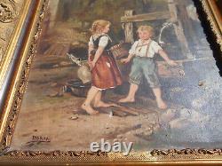 Grand tableau ancien huile / toile enfants puit fontaine signé Doria cadre doré