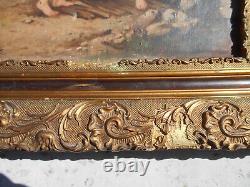Grand tableau ancien huile / toile enfants puit fontaine signé Doria cadre doré