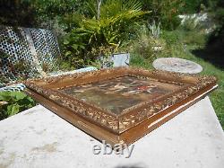 Grand tableau ancien huile / toile enfants puit fontaine signé Doria cadre doré