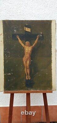 Grand tableau ancien le Christ sur la croix huile sur toile