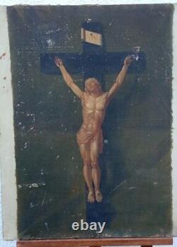 Grand tableau ancien le Christ sur la croix huile sur toile