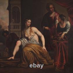 Grand tableau italien Bethsabée au bain ancien huile sur toile du 18ème siècle
