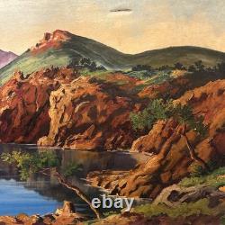 Grande Huile Sur Toile Ancienne Signée PAYSAGE Cadre Vintage Décoration Peinture