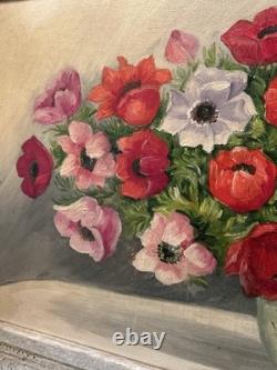 Grande Huile Sur Toile Ancienne Signée Représentant Un Bouquet De Fleurs