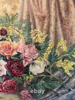 Grande Huile Sur Toile Ancienne Signée Représentant Une Composition Floral