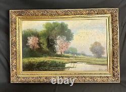 Grande Huile sur Toile Signée Lerch Toile et Cadre Ancien Étang Nature