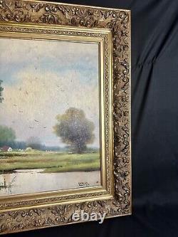 Grande Huile sur Toile Signée Lerch Toile et Cadre Ancien Étang Nature
