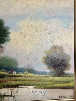 Grande Huile sur Toile Signée Lerch Toile et Cadre Ancien Étang Nature