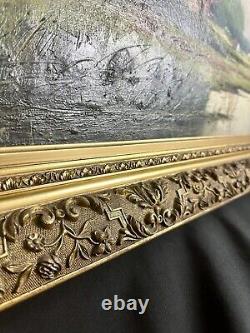 Grande Huile sur Toile Signée Lerch Toile et Cadre Ancien Étang Nature