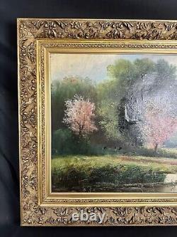 Grande Huile sur Toile Signée Lerch Toile et Cadre Ancien Étang Nature