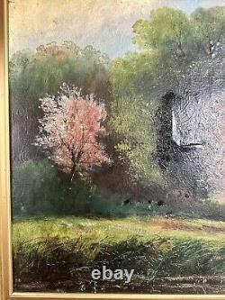 Grande Huile sur Toile Signée Lerch Toile et Cadre Ancien Étang Nature