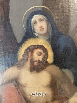 Grande Huile sur Toile XIXe Piéta Scène Religieuse Ancienne 92x64 cm