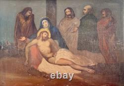 Grande Huile sur Toile XIXe Piéta Scène Religieuse Ancienne 92x64 cm