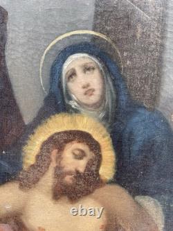 Grande Huile sur Toile XIXe Piéta Scène Religieuse Ancienne 92x64 cm