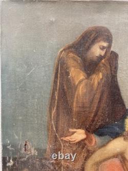 Grande Huile sur Toile XIXe Piéta Scène Religieuse Ancienne 92x64 cm
