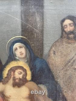 Grande Huile sur Toile XIXe Piéta Scène Religieuse Ancienne 92x64 cm