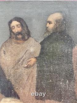 Grande Huile sur Toile XIXe Piéta Scène Religieuse Ancienne 92x64 cm