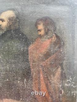 Grande Huile sur Toile XIXe Piéta Scène Religieuse Ancienne 92x64 cm