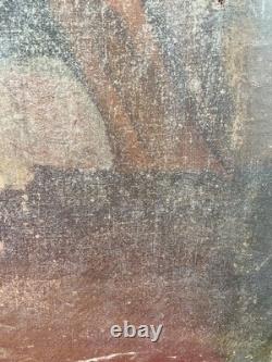 Grande Huile sur Toile XIXe Piéta Scène Religieuse Ancienne 92x64 cm