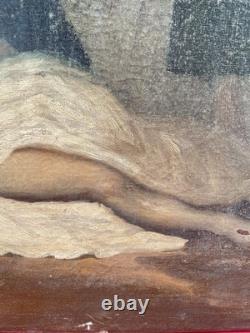 Grande Huile sur Toile XIXe Piéta Scène Religieuse Ancienne 92x64 cm