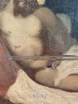 Grande Huile sur Toile XIXe Piéta Scène Religieuse Ancienne 92x64 cm