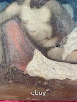 Grande Huile sur Toile XIXe Piéta Scène Religieuse Ancienne 92x64 cm