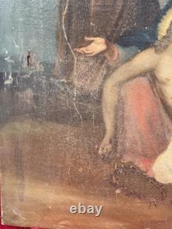 Grande Huile sur Toile XIXe Piéta Scène Religieuse Ancienne 92x64 cm