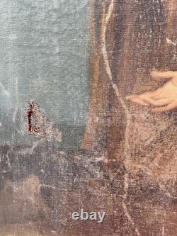 Grande Huile sur Toile XIXe Piéta Scène Religieuse Ancienne 92x64 cm