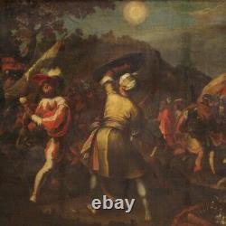 Grande bataille ancien tableau huile sur toile peinture guerriers 17ème siècle