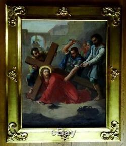 Grande huile sur toile 18ème Portement de croix Tableau ancien