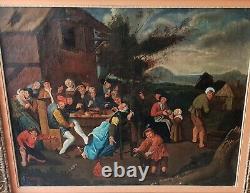 Grande peinture ancienne huile sur toile scène villageoise Flemish painting