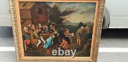 Grande peinture ancienne huile sur toile scène villageoise Flemish painting