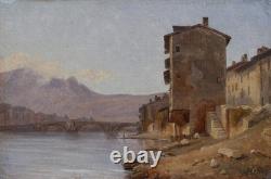 Grenoble, ancien pont de pierre 1834, montagne, Alpes. Alexandre DEBELLE (1805-1897)