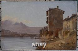 Grenoble, ancien pont de pierre 1834, montagne, Alpes. Alexandre DEBELLE (1805-1897)