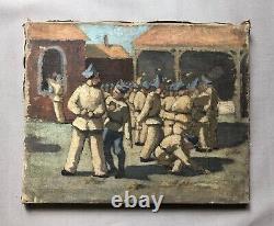 Groupe De Soldats, Esquisse, Huile Sur Toile, Peinture, Tableau Ancien, XXe