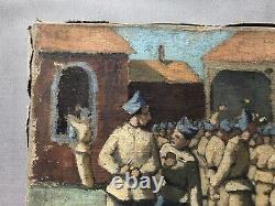 Groupe De Soldats, Esquisse, Huile Sur Toile, Peinture, Tableau Ancien, XXe
