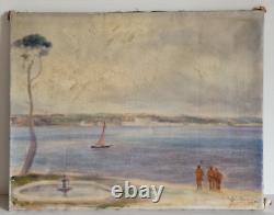 HST 1920 huile sur toile paysage marin bateau tableau ancien signé Marine