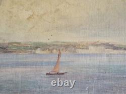 HST 1920 huile sur toile paysage marin bateau tableau ancien signé Marine