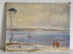 HST 1920 huile sur toile paysage marin bateau tableau ancien signé Marine