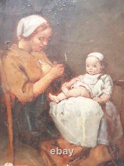 HST ANCIENNE ENCADREE JEUNE FEMME MERE ASSISE ET SON JEUNE ENFANT 19ème