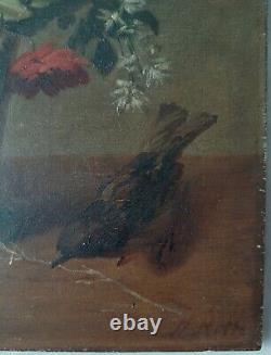 Henri ROBBE tableau ancien XIX 19ème nature morte fleurs oiseau huile bois hsp