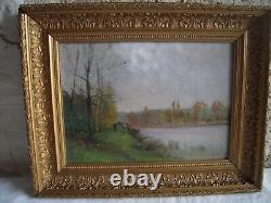Huile Ancienne Sur Panneau Personnages En Bord De Cours D'eau Barbizon