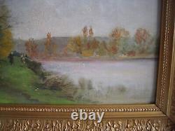 Huile Ancienne Sur Panneau Personnages En Bord De Cours D'eau Barbizon