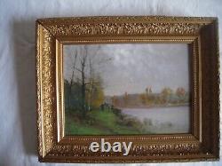 Huile Ancienne Sur Panneau Personnages En Bord De Cours D'eau Barbizon