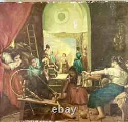 Huile Sur Toile Ancienne D'après Le Tableau De Diego Velasquez Les Fileuses