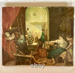 Huile Sur Toile Ancienne D'après Le Tableau De Diego Velasquez Les Fileuses