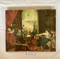 Huile Sur Toile Ancienne D'après Le Tableau De Diego Velasquez Les Fileuses